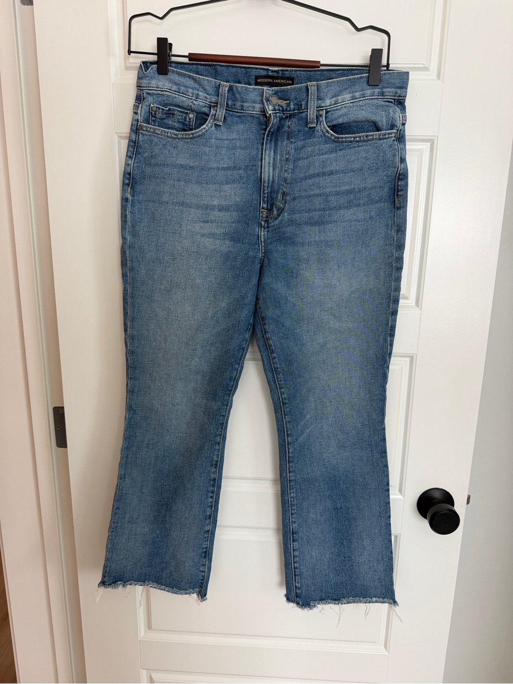 Modern American La Brea Crop Boot Straight-Leg Raw Hem Jeans in Mid Blue